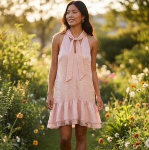 Adrianna Papell Peach Embossed Mock Neck Dress
